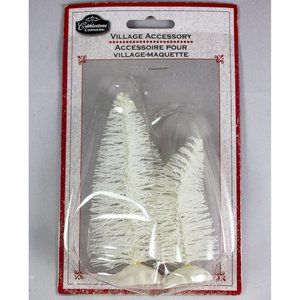 Cobblestone Corners Village Accessory Glittery White Pine Fir Trees Pair NEW
